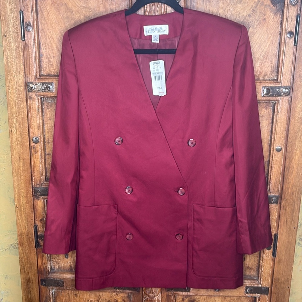 Vtg Linda Allard Ellen Tracy Burgundy Wine Silk Long Double Breasted Blazer 8